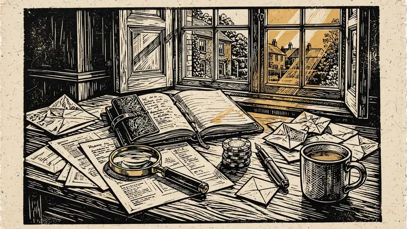Editorial desk with magnifying glass, review documents, notebook and casino chips in warm afternoon light