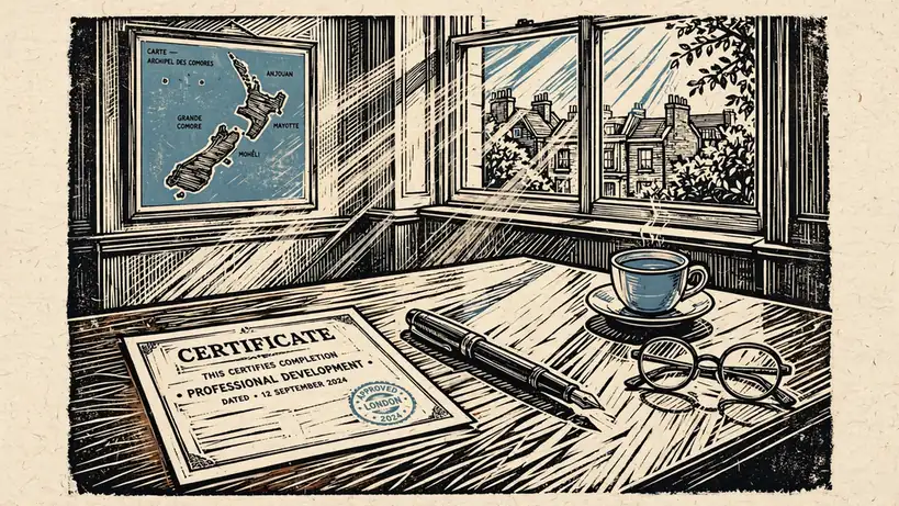 London office desk with licence certificate, fountain pen, tea, and framed Comoros map.