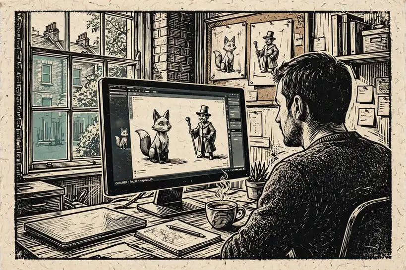 UK game developer reviewing 3D slot characters at a London office desk.