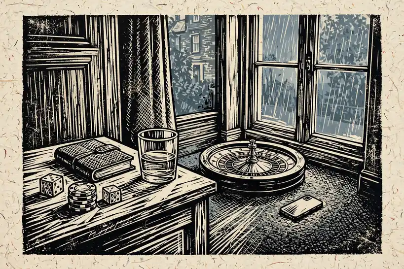 British interior with chips, dice, whisky, and a roulette wheel by a rainy window.