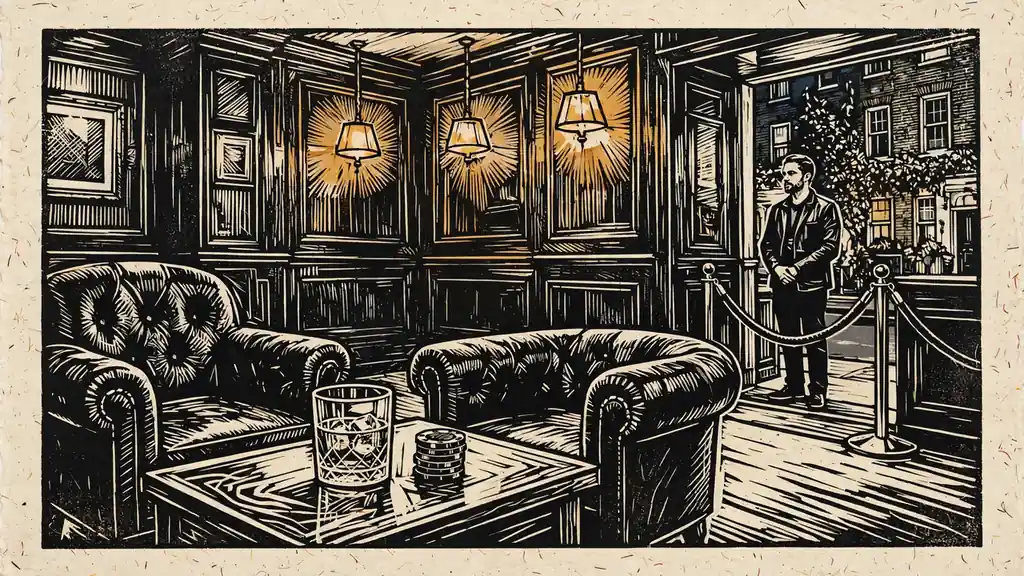 Private VIP lounge in a London casino with leather chairs and amber lighting