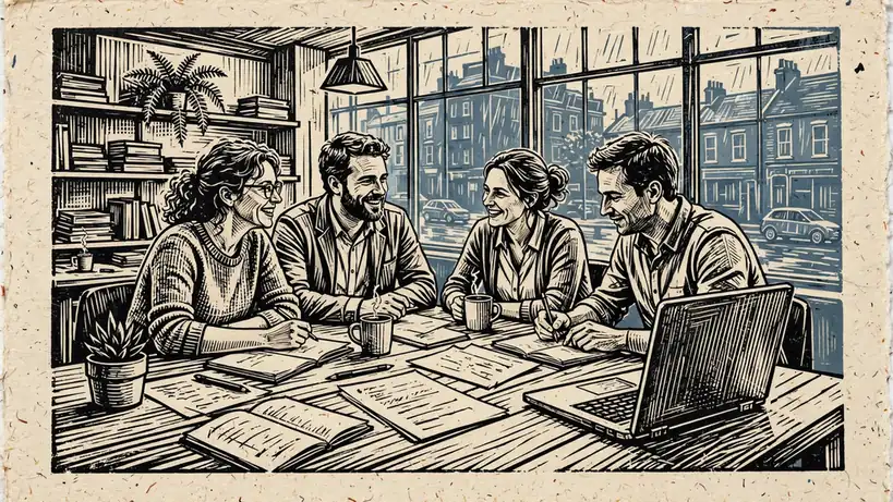 Editorial team working together in a modern UK office