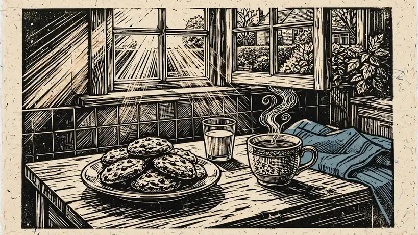 Plate of chocolate chip cookies with tea and milk on a wooden kitchen table