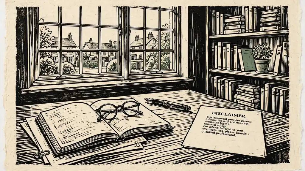 British home office desk with disclaimer document, reading glasses, and notebook by a window