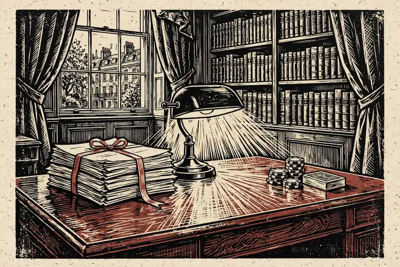Legal documents and poker chips on a mahogany desk in a London office