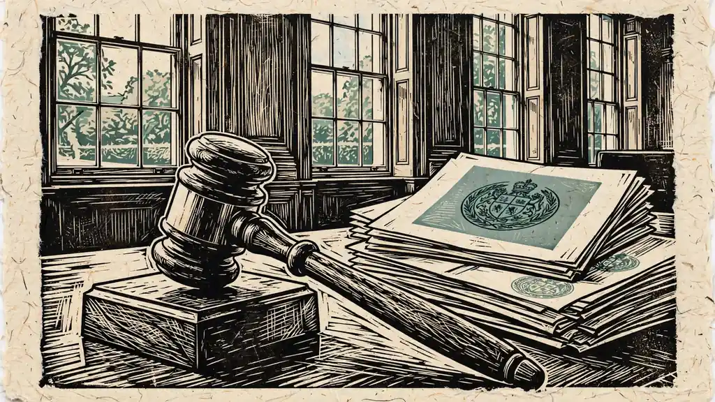 Gavel and official documents on a desk in a formal UK office.