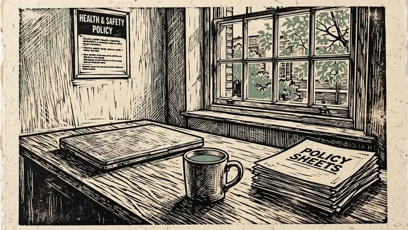 Closed laptop on a tidy desk with policy documents and a mug.