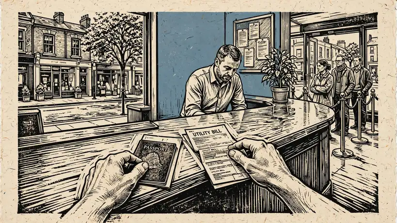 Hands handing documents to a clerk at a UK bank counter.