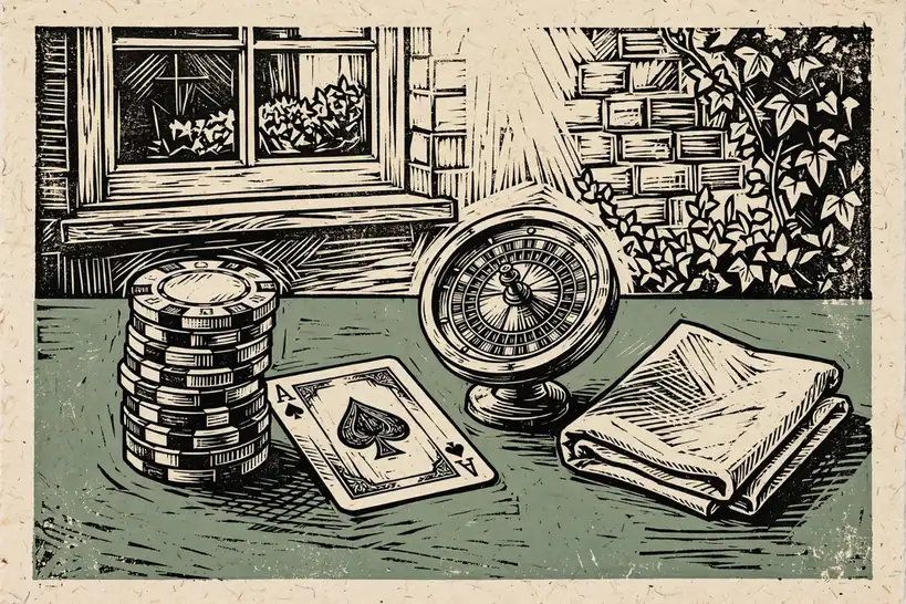 Casino chips, a playing card and a small roulette wheel on baize.