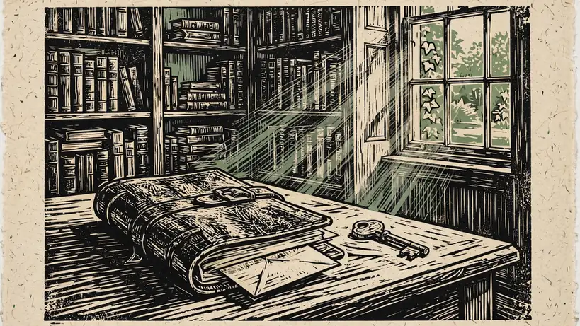 A locked leather journal with a brass key on a wooden desk in a quiet study.