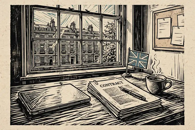 Desk with contract papers, closed laptop, pen, and tea in a London office